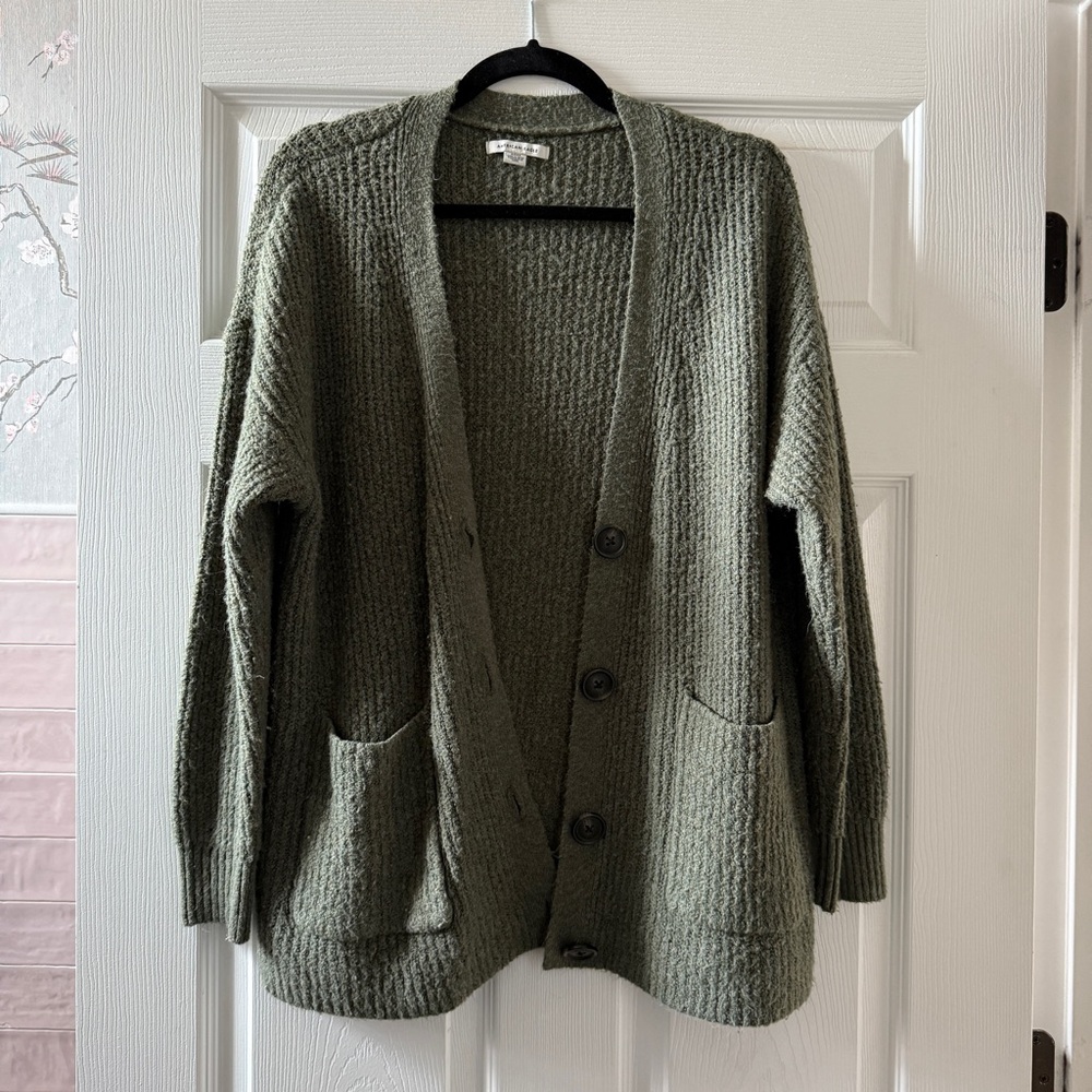 American Eagle Slouchy Knit Cardigan, Olive Green Sweater
